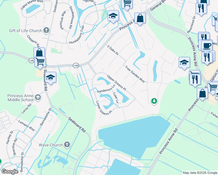 map of restaurants, bars, coffee shops, grocery stores, and more near 2517 Sanderson Lane in Virginia Beach