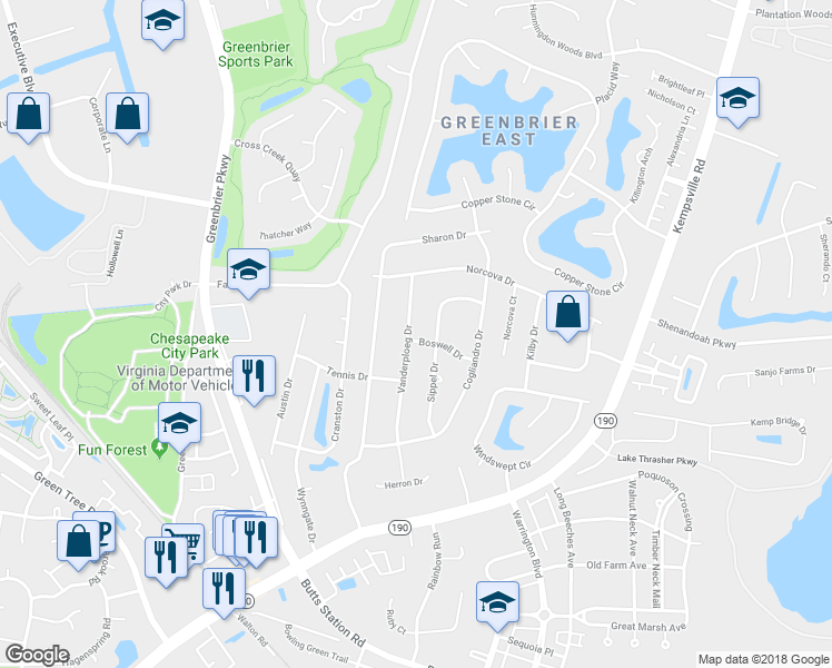 map of restaurants, bars, coffee shops, grocery stores, and more near 1049 Vanderploeg Drive in Chesapeake