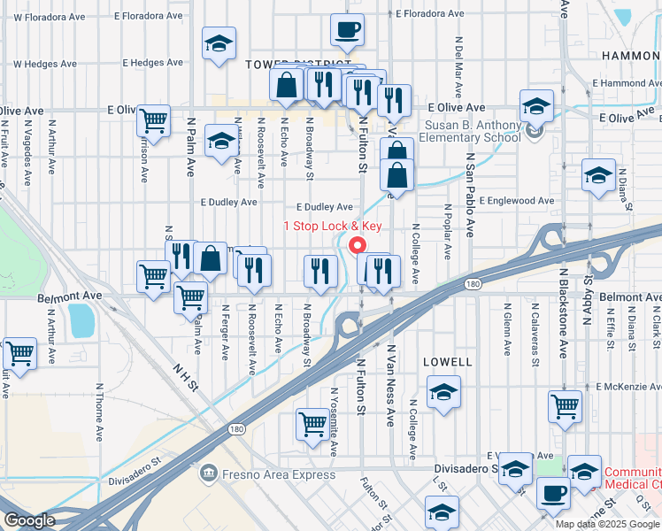 map of restaurants, bars, coffee shops, grocery stores, and more near 565 North Yosemite Avenue in Fresno