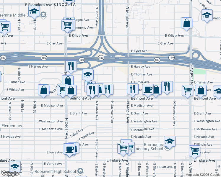 map of restaurants, bars, coffee shops, grocery stores, and more near 4545 East White Avenue in Fresno