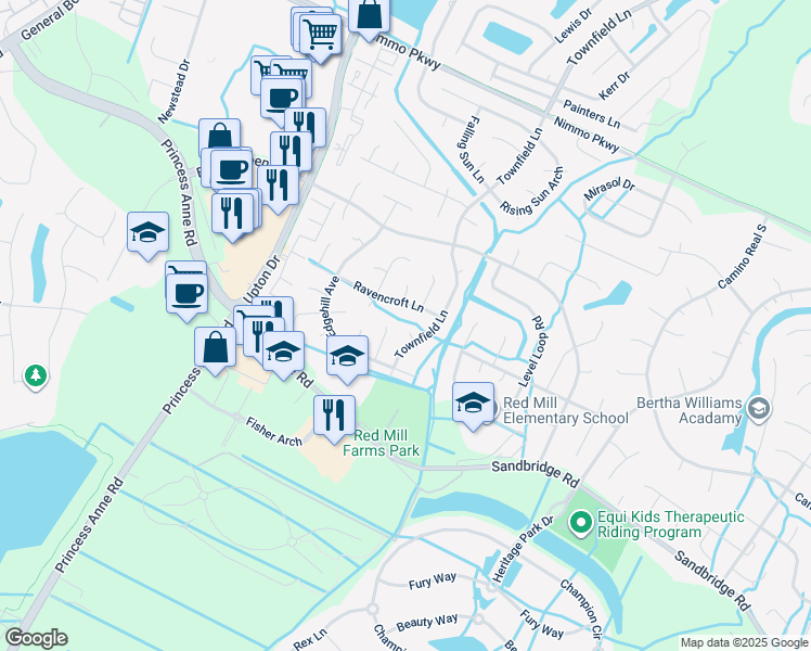 map of restaurants, bars, coffee shops, grocery stores, and more near 2561 Townfield Lane in Virginia Beach