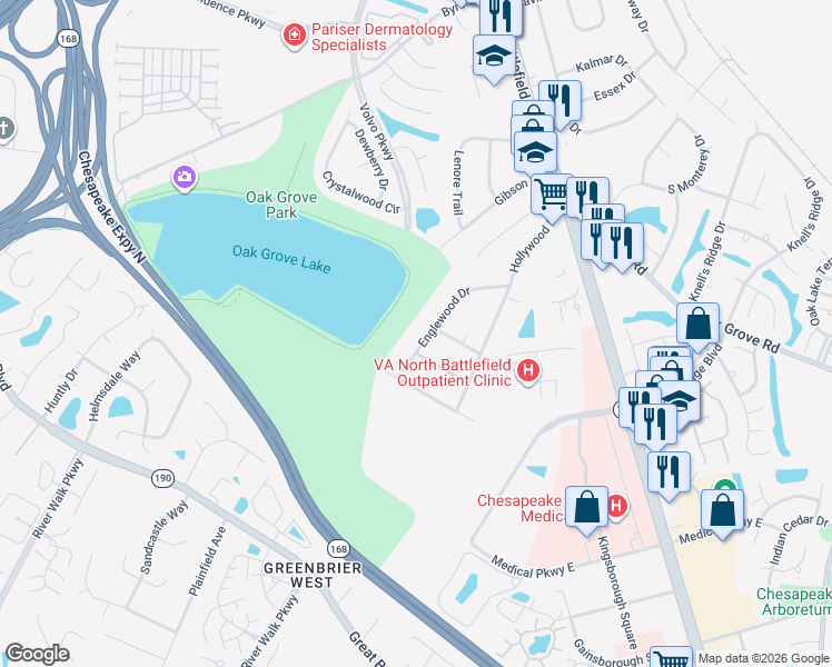 map of restaurants, bars, coffee shops, grocery stores, and more near 820 Englewood Drive in Chesapeake
