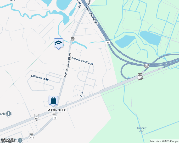 map of restaurants, bars, coffee shops, grocery stores, and more near 1186 C Street in Suffolk