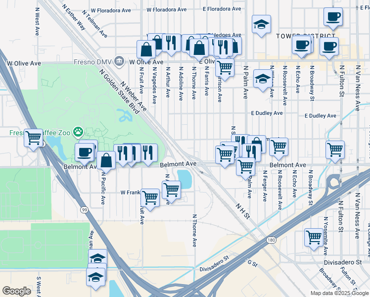 map of restaurants, bars, coffee shops, grocery stores, and more near 205 West Thomas Avenue in Fresno