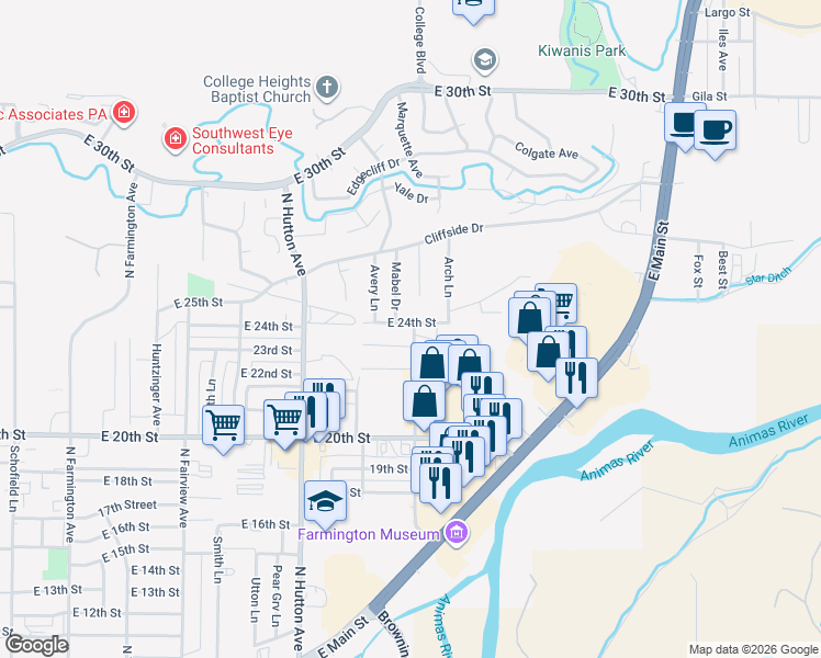 map of restaurants, bars, coffee shops, grocery stores, and more near 2309 North Clayton Avenue in Farmington
