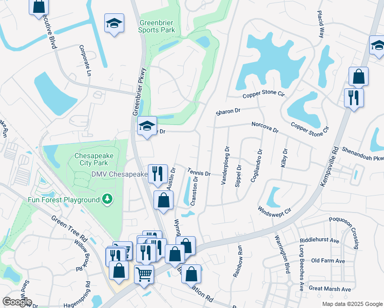 map of restaurants, bars, coffee shops, grocery stores, and more near 804 Tiverton Place in Chesapeake
