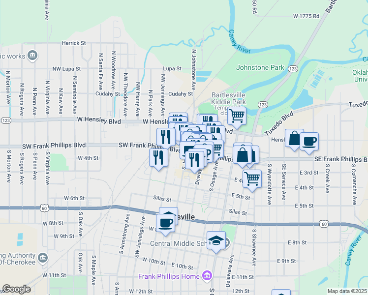 map of restaurants, bars, coffee shops, grocery stores, and more near 100 Southwest Frank Phillips Boulevard in Bartlesville