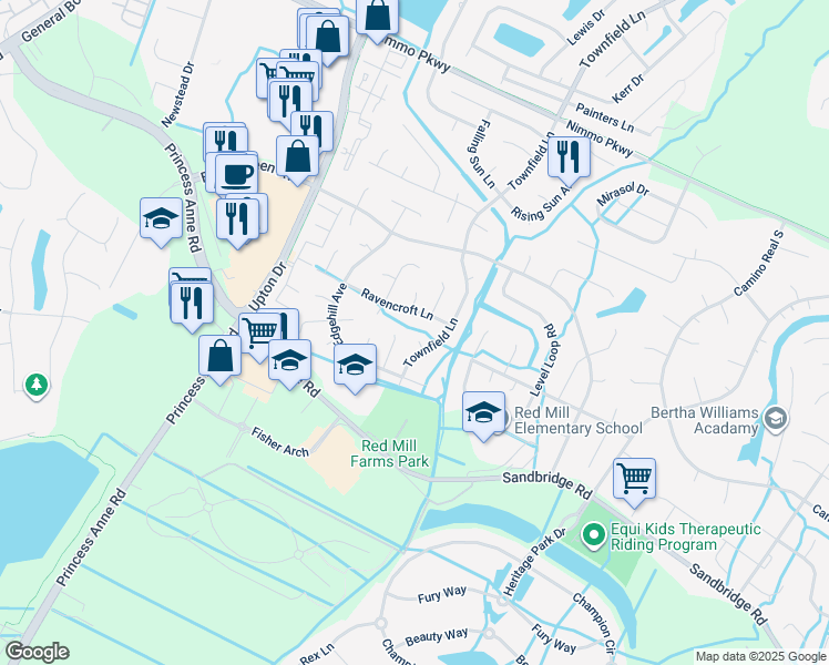 map of restaurants, bars, coffee shops, grocery stores, and more near 2561 Townfield Lane in Virginia Beach