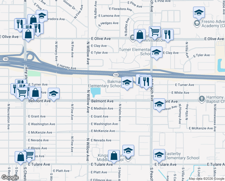 map of restaurants, bars, coffee shops, grocery stores, and more near 5075 East White Avenue in Fresno