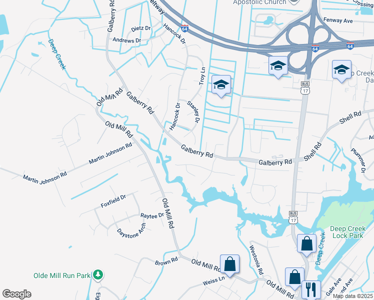 map of restaurants, bars, coffee shops, grocery stores, and more near 2999 Galberry Road in Chesapeake