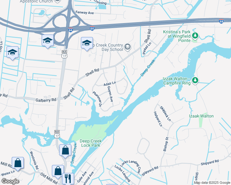 map of restaurants, bars, coffee shops, grocery stores, and more near 308 Meadow Creek Dr in Chesapeake