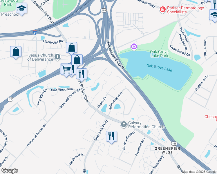 map of restaurants, bars, coffee shops, grocery stores, and more near 712 Huntly Drive in Chesapeake