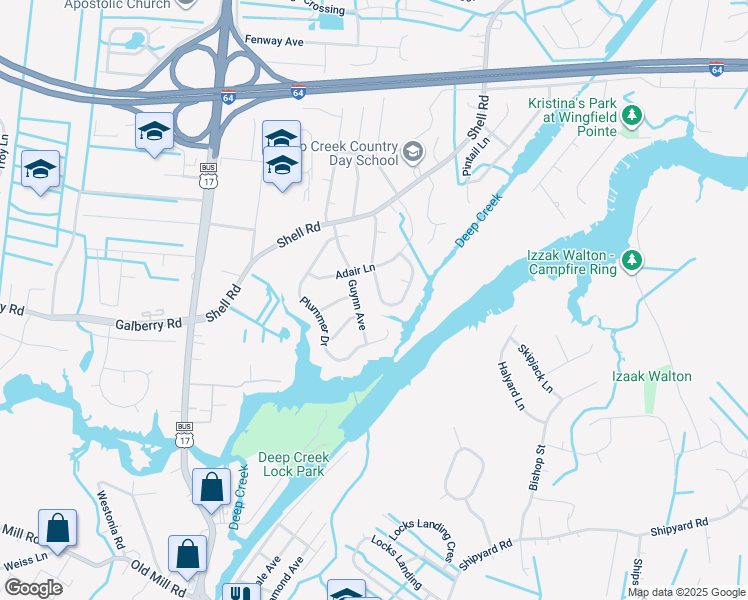 map of restaurants, bars, coffee shops, grocery stores, and more near 308 Meadow Creek Drive in Chesapeake