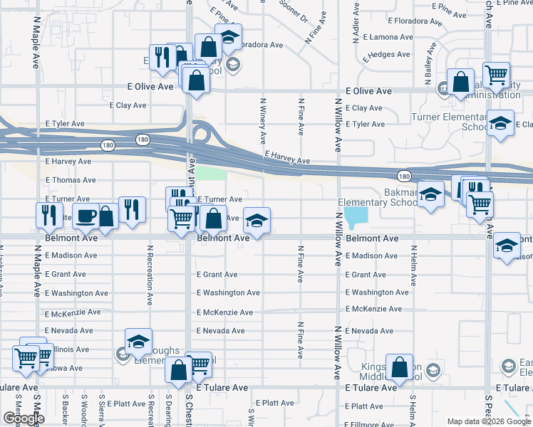 map of restaurants, bars, coffee shops, grocery stores, and more near 606 North Winery Avenue in Fresno