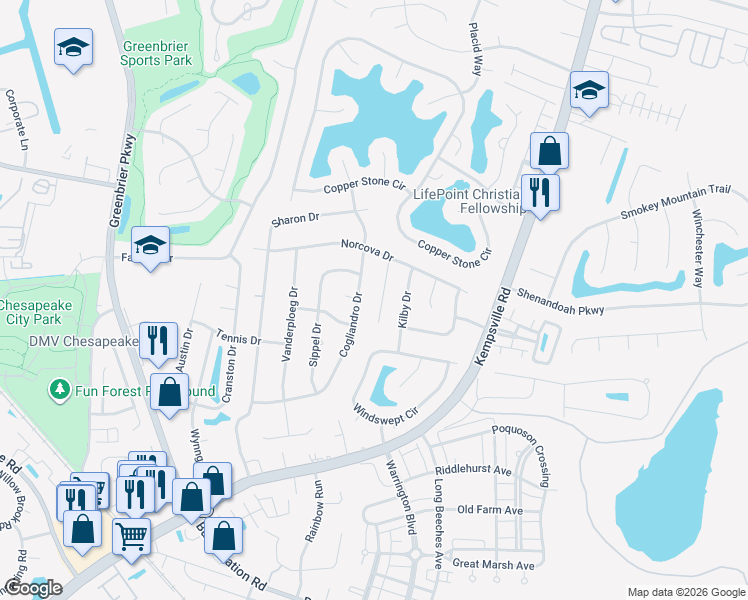 map of restaurants, bars, coffee shops, grocery stores, and more near 1116 Norcova Court in Chesapeake