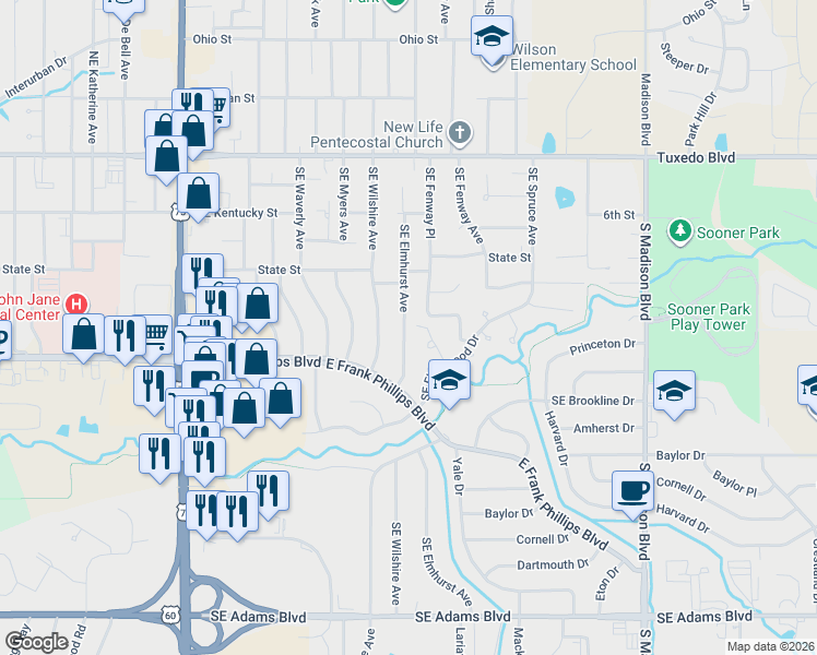map of restaurants, bars, coffee shops, grocery stores, and more near 348 Southeast Elmhurst Avenue in Bartlesville