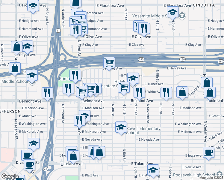 map of restaurants, bars, coffee shops, grocery stores, and more near 560 North Bond Street in Fresno