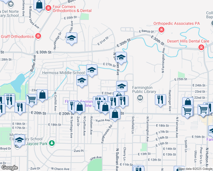 map of restaurants, bars, coffee shops, grocery stores, and more near 1706 23rd Street in Farmington