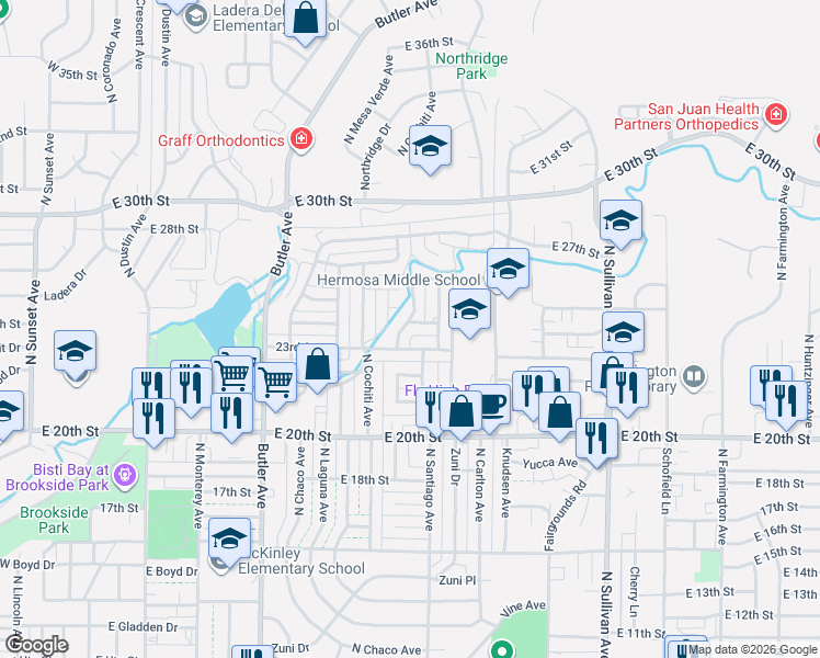 map of restaurants, bars, coffee shops, grocery stores, and more near 2312 North Wagner Avenue in Farmington