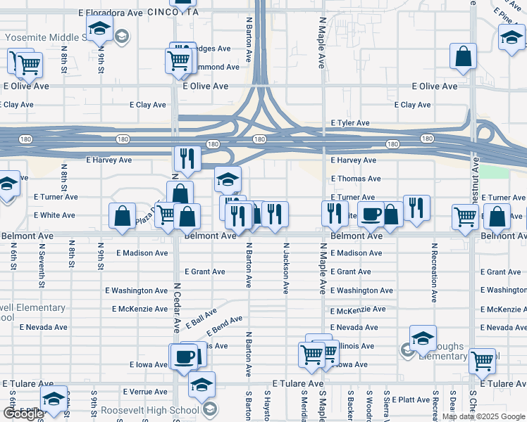 map of restaurants, bars, coffee shops, grocery stores, and more near 602 North Barton Avenue in Fresno