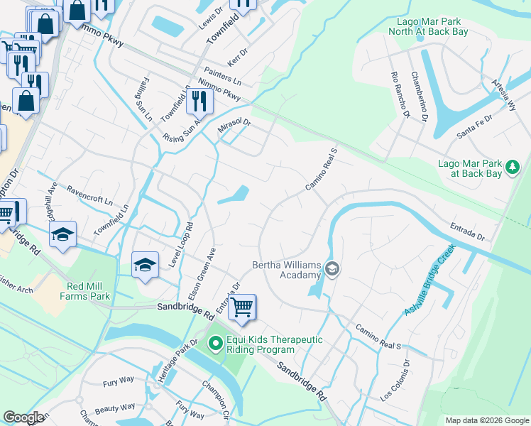 map of restaurants, bars, coffee shops, grocery stores, and more near 1001 Santa Clara Court in Virginia Beach