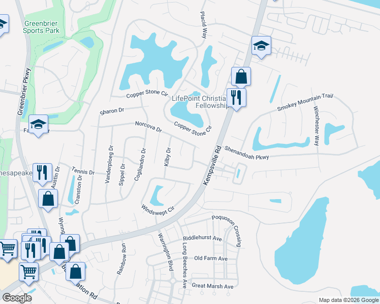 map of restaurants, bars, coffee shops, grocery stores, and more near 840 Kemp Meadow Drive in Chesapeake