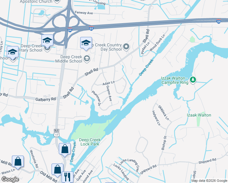 map of restaurants, bars, coffee shops, grocery stores, and more near 308 Meadow Creek Drive in Chesapeake