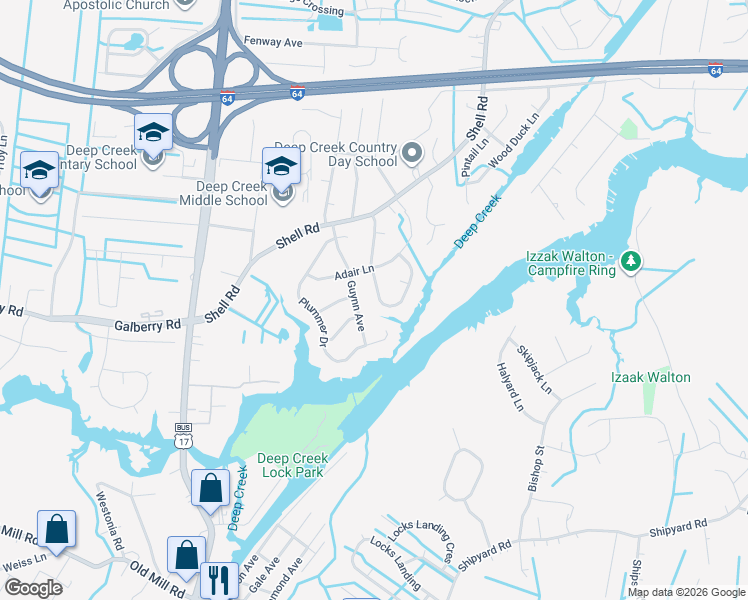 map of restaurants, bars, coffee shops, grocery stores, and more near 308 Meadow Creek Drive in Chesapeake