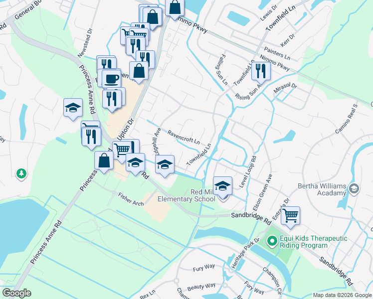 map of restaurants, bars, coffee shops, grocery stores, and more near 2604 Meckley Court in Virginia Beach