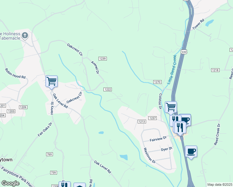 map of restaurants, bars, coffee shops, grocery stores, and more near 271 Winnfield Road in Bassett
