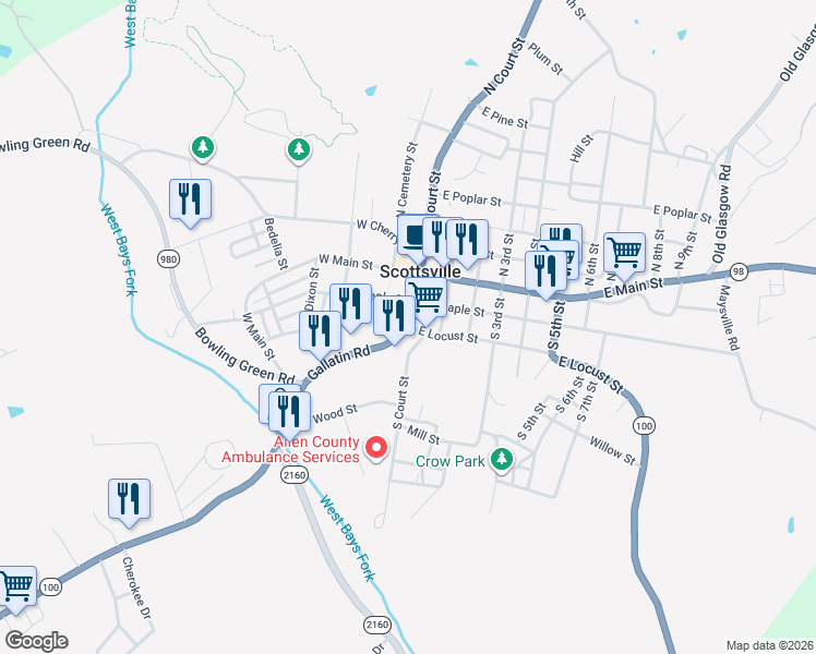 map of restaurants, bars, coffee shops, grocery stores, and more near 301 Gallatin Road in Scottsville