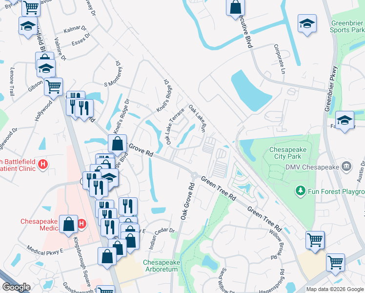 map of restaurants, bars, coffee shops, grocery stores, and more near 200 Oak Lake Run in Chesapeake