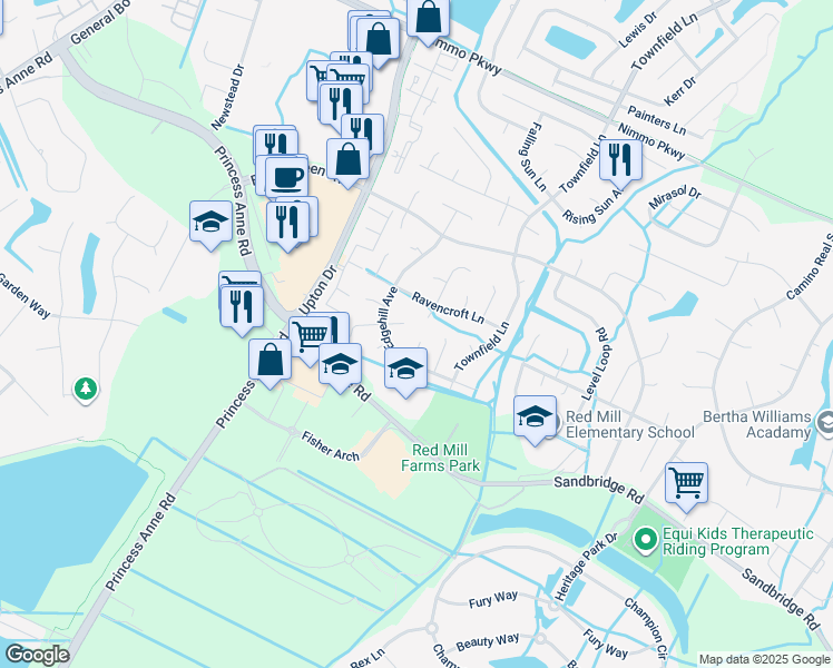 map of restaurants, bars, coffee shops, grocery stores, and more near 2601 Dunlace Way in Virginia Beach