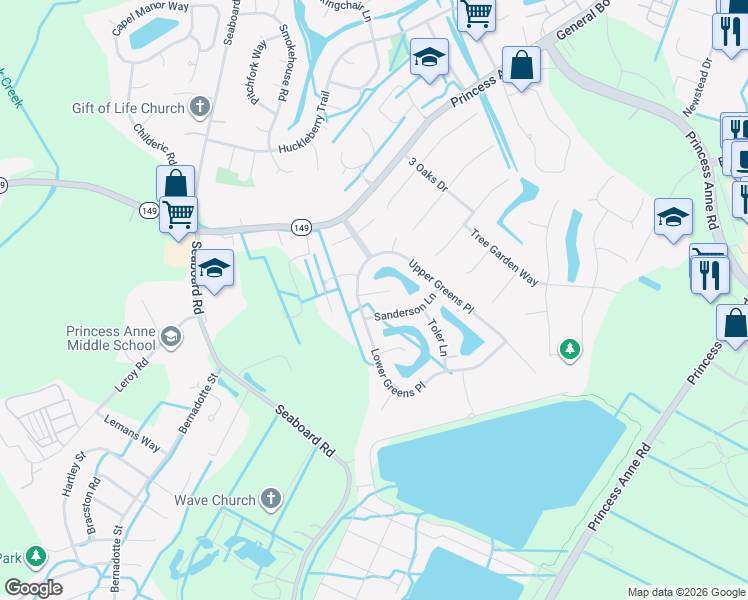map of restaurants, bars, coffee shops, grocery stores, and more near 2512 Ferguson Court in Virginia Beach