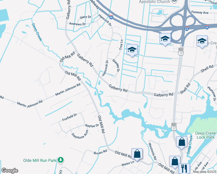 map of restaurants, bars, coffee shops, grocery stores, and more near 2999 Galberry Road in Chesapeake