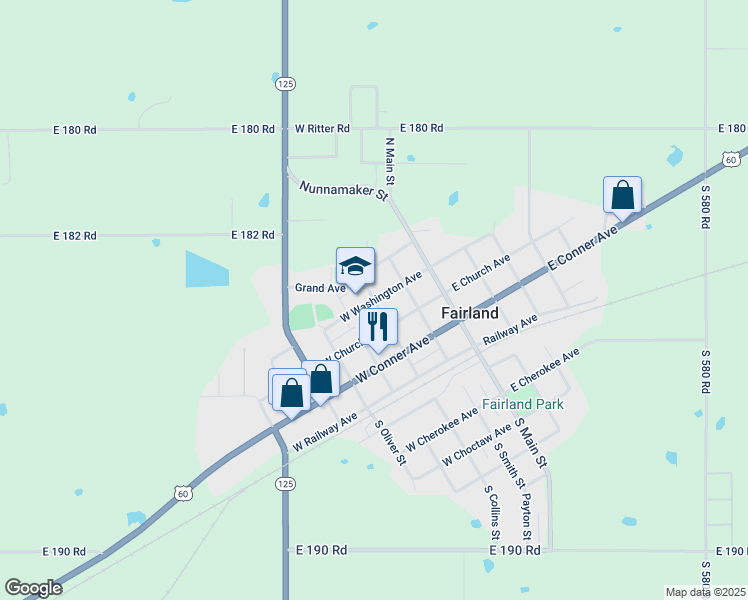 map of restaurants, bars, coffee shops, grocery stores, and more near 202 West Washington Avenue in Fairland