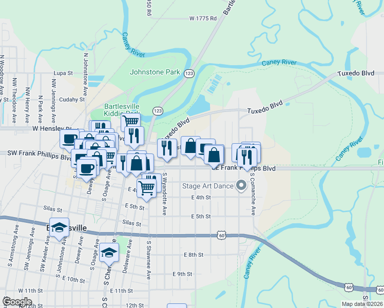 map of restaurants, bars, coffee shops, grocery stores, and more near 112 South Seneca Avenue in Bartlesville