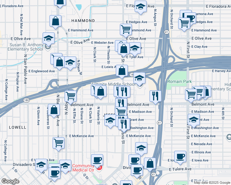 map of restaurants, bars, coffee shops, grocery stores, and more near 2339 East White Avenue in Fresno