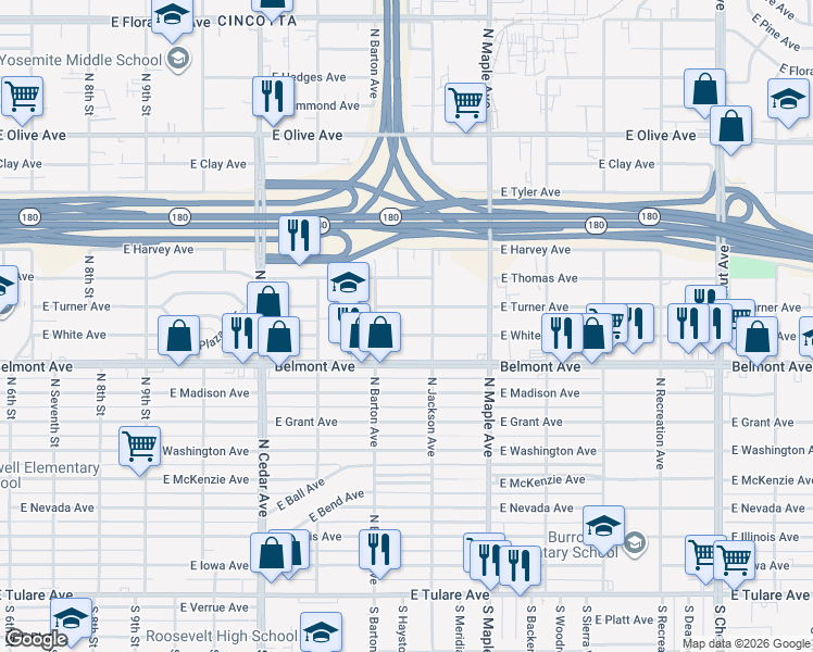 map of restaurants, bars, coffee shops, grocery stores, and more near 4545 East White Avenue in Fresno