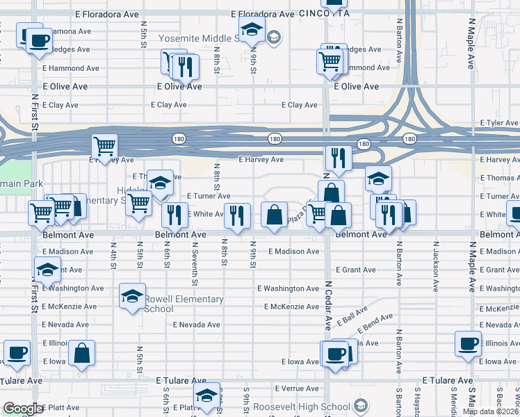 map of restaurants, bars, coffee shops, grocery stores, and more near 3915 E White Ave in Fresno