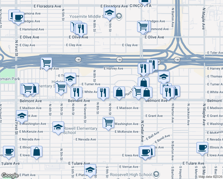 map of restaurants, bars, coffee shops, grocery stores, and more near 3915 East White Avenue in Fresno
