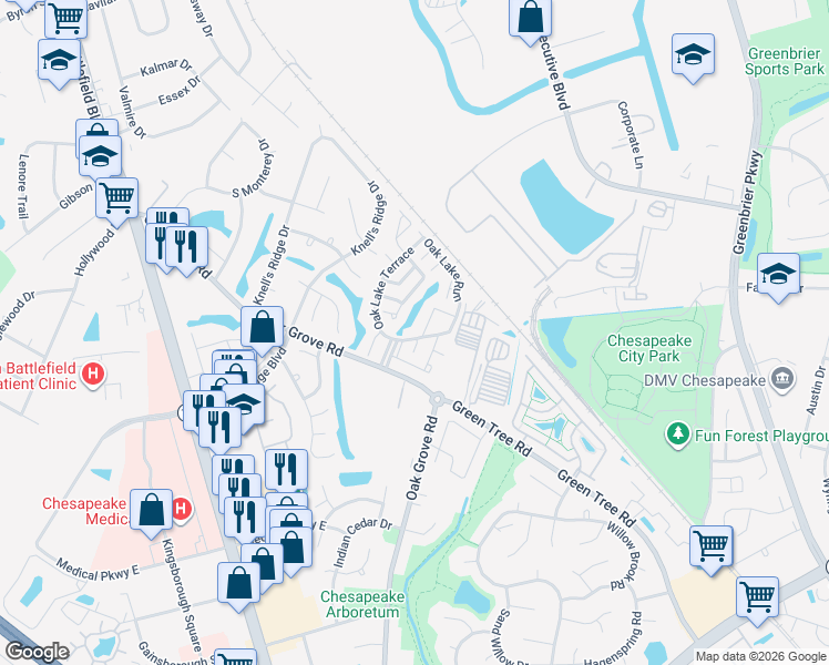 map of restaurants, bars, coffee shops, grocery stores, and more near 200 Oak Lake Run in Chesapeake