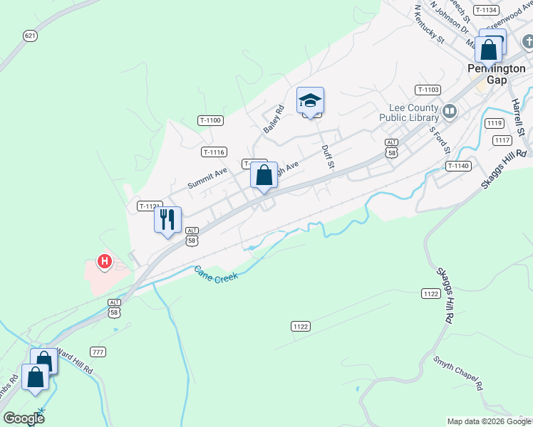 map of restaurants, bars, coffee shops, grocery stores, and more near 1406-1414 Combs Road in Pennington Gap