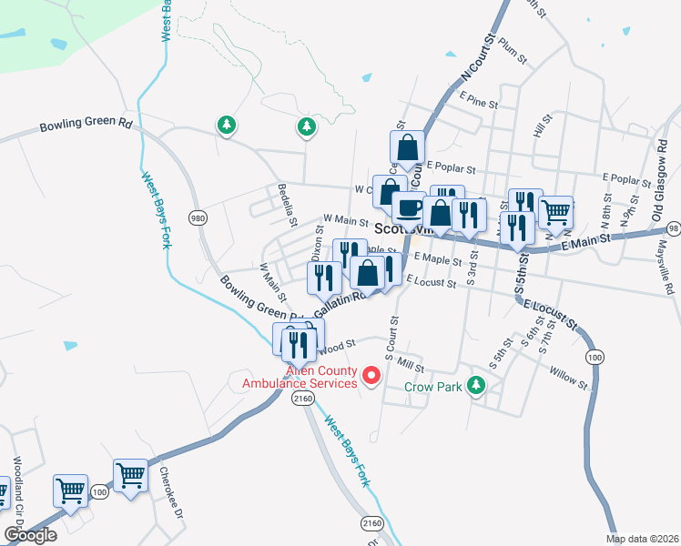 map of restaurants, bars, coffee shops, grocery stores, and more near 301-367 Gallatin Rd in Scottsville