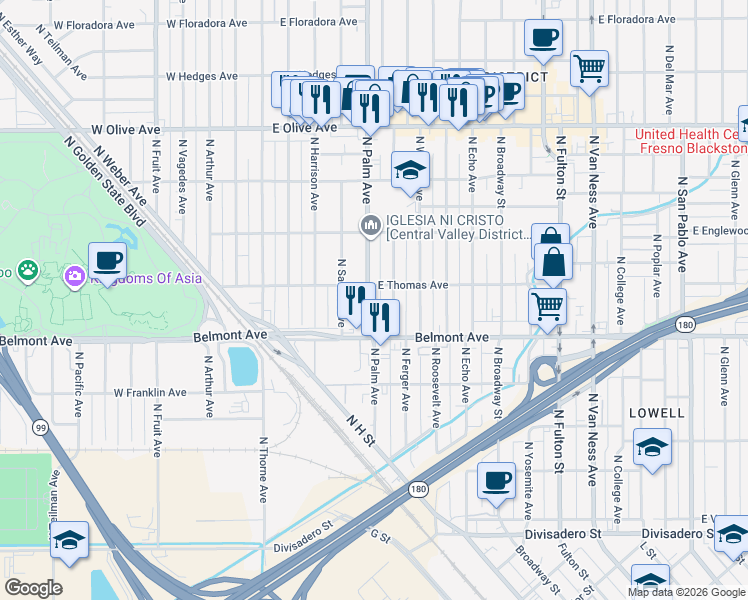 map of restaurants, bars, coffee shops, grocery stores, and more near 547 North Ferger Avenue in Fresno