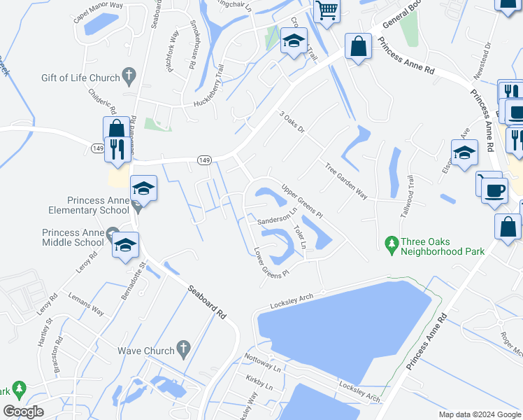 map of restaurants, bars, coffee shops, grocery stores, and more near 2508 Ferguson Court in Virginia Beach