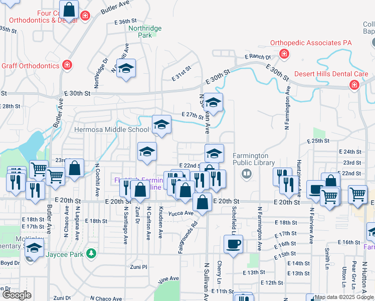 map of restaurants, bars, coffee shops, grocery stores, and more near 1706 East 23rd Street in Farmington