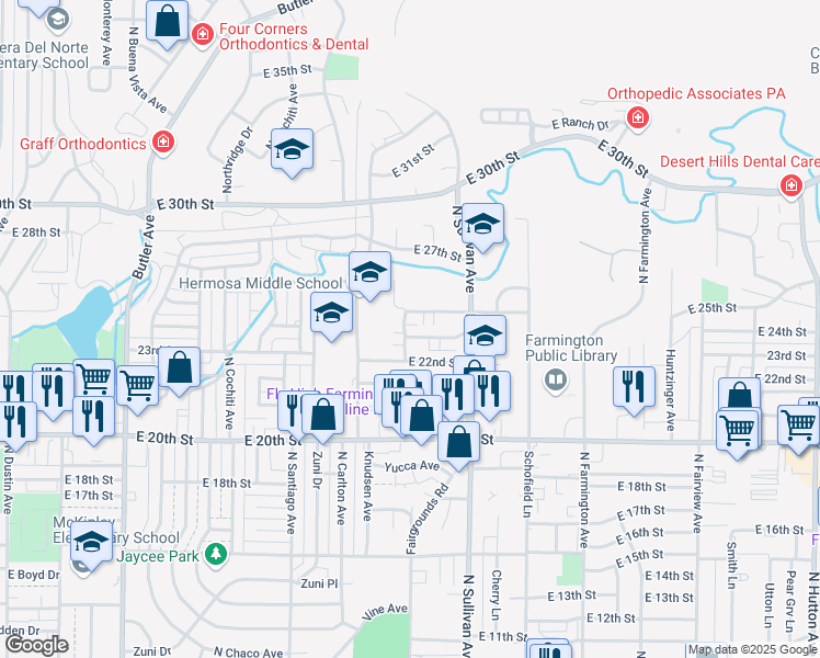 map of restaurants, bars, coffee shops, grocery stores, and more near 1706 23rd Street in Farmington