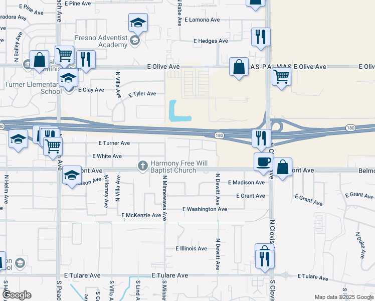 map of restaurants, bars, coffee shops, grocery stores, and more near 5425 East Belmont Avenue in Fresno