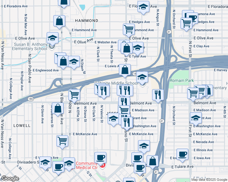 map of restaurants, bars, coffee shops, grocery stores, and more near 2339 East White Avenue in Fresno